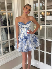 Sky Blue Sweetheart Floral Chiffon Corset Ruffled Homecoming Dresses #SEA260|Selinadress