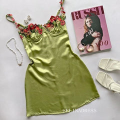 Spaghetti Straps Floral Sage Homecoming Dresses Hoco Dress #EWR563|Selinadress