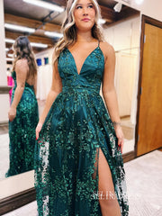 Spaghetti Straps Geen Long Prom Dress Sparkly Beaded Evening Dress EWR462|Selinadress