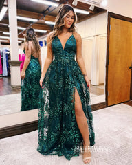 Spaghetti Straps Geen Long Prom Dress Sparkly Beaded Evening Dress EWR462|Selinadress