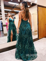 Spaghetti Straps Geen Long Prom Dress Sparkly Beaded Evening Dress EWR462|Selinadress