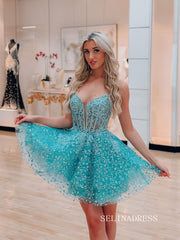 Spaghetti Straps Blue Lace Short Homecoming Dress #SEA038|Selinadress