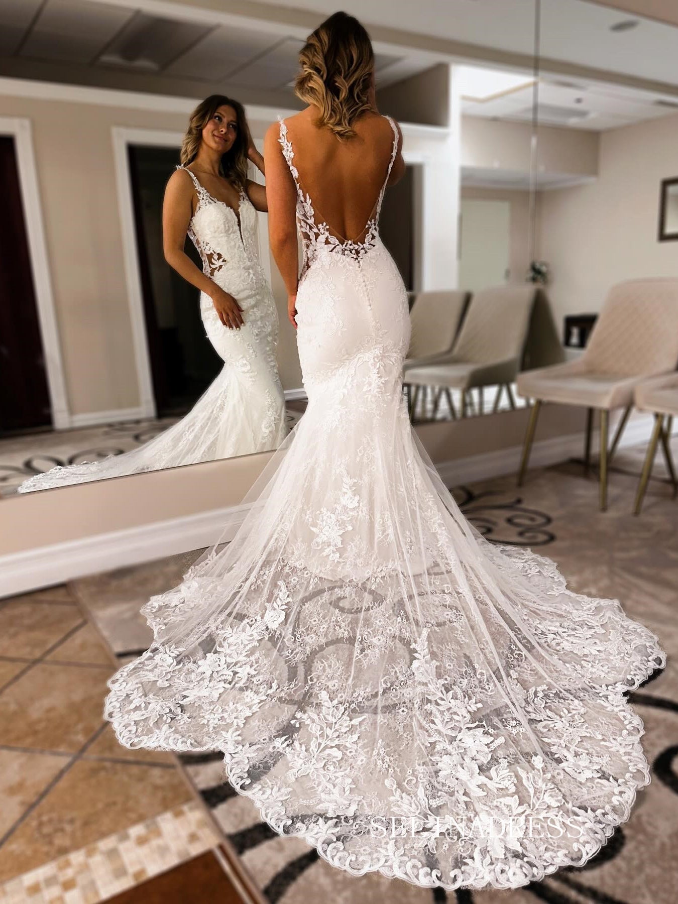 Spaghetti Straps Mermaid White Lace Wedding Dress EWR392|Selinadress
