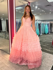 Spaghetti Straps Ombre Ball Gowns Ruffles Tulle Long Prom Dress sew1101|Selinadress
