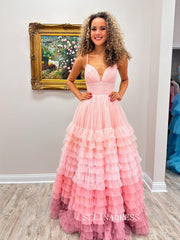 Spaghetti Straps Ombre Ball Gowns Ruffles Tulle Long Prom Dress sew1101|Selinadress