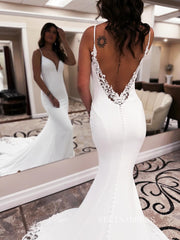 Spaghetti Straps White Satin Mermaid Wedding Dress With Lace Train EWR385|Selinadress