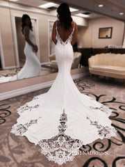 Spaghetti Straps White Satin Mermaid Wedding Dress With Lace Train EWR385|Selinadress