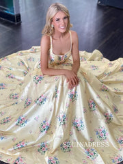 Yellow Square Neck Beautiful Floral Long Prom Dress with Pearl SEA001|Selinadress