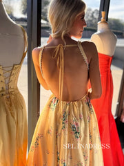 Yellow Square Neck Beautiful Floral Long Prom Dress with Pearl SEA001|Selinadress