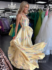 Yellow Square Neck Beautiful Floral Long Prom Dress with Pearl SEA001|Selinadress