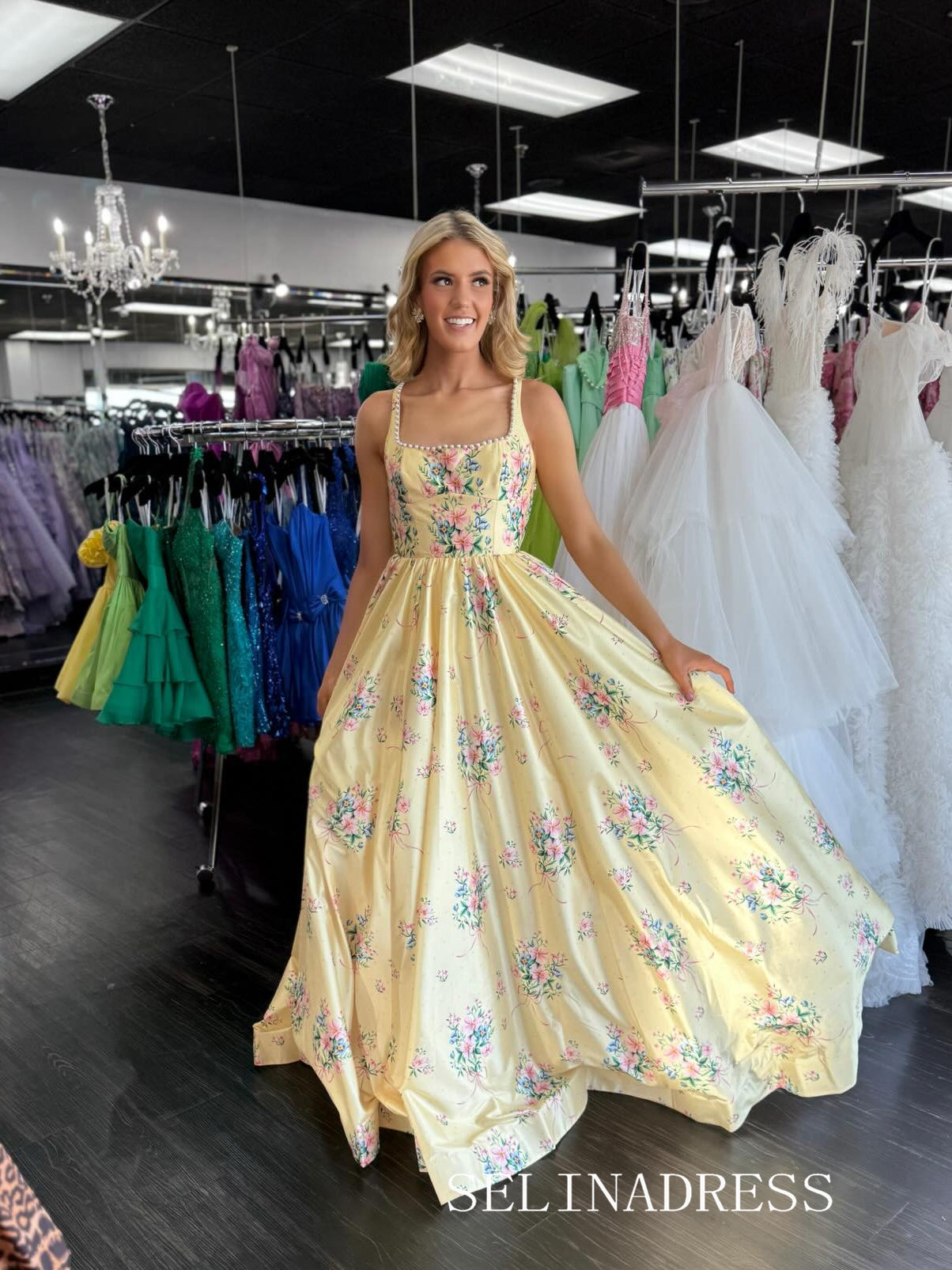 Yellow Square Neck Beautiful Floral Long Prom Dress with Pearl SEA001|Selinadress