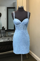 Sparkly Blue Spaghetti Straps Sequins Bodycon Short Corset Homecoming Dress #TKL528|Selinadress