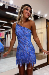 Sparkly Blue Tight One Shoulder Short Sequins Homecoming Dress with Tassel #SEA257|Selinadress