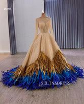 Sparkly Long Sleeve Ball Gown Prom Dress With Feather Gold Beaded Quincess Wedding Dresses 251007|Selinadress