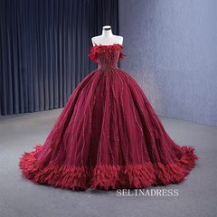 Strapless Burgundy Ball Gown Wedding Dress With Feather Beaded Quinceanera Dress 222232|Selinadress