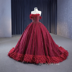 Strapless Burgundy Ball Gown Wedding Dress With Feather Beaded Quinceanera Dress 222232|Selinadress