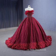 Strapless Burgundy Ball Gown Wedding Dress With Feather Beaded Quinceanera Dress 222232|Selinadress