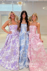 Strapless Floral Jacquard Ball Gown Prom Dress with Oversized Side Bow SEA062|Selinadress