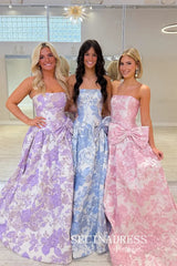 Strapless Floral Jacquard Ball Gown Prom Dress with Oversized Side Bow SEA062|Selinadress