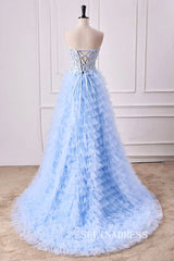 Strapless Floral Light Blue Layers A-line Long Prom Dress with Slit lps027|Selinadress