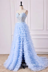 Strapless Floral Light Blue Layers A-line Long Prom Dress with Slit lps027|Selinadress