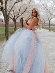 Strapless Floral Wedding Dress Blue & Pink Bicolor Tulle Wedding Gown Layered Bridal Dress KTS001|Selinadress