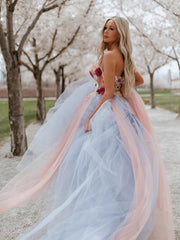 Strapless Floral Wedding Dress Blue & Pink Bicolor Tulle Wedding Gown Layered Bridal Dress KTS001|Selinadress