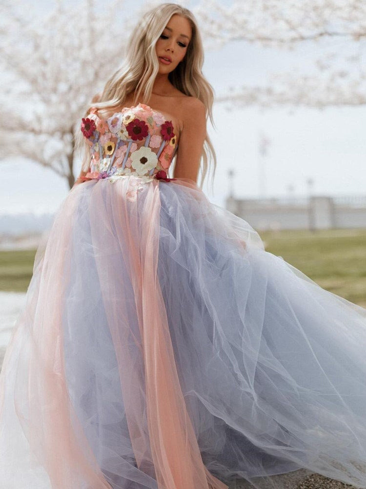 Strapless Floral Wedding Dress Blue & Pink Bicolor Tulle Wedding Gown Layered Bridal Dress KTS001|Selinadress