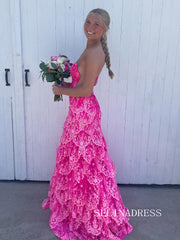Strapless Fuchsia Lace Sequin Mermaid Prom Dress Formal Dress SQW030