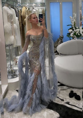 Strapless Long Sleeve Evening Dress With Beaded Feather Formal Dresses REN008|Selinadress