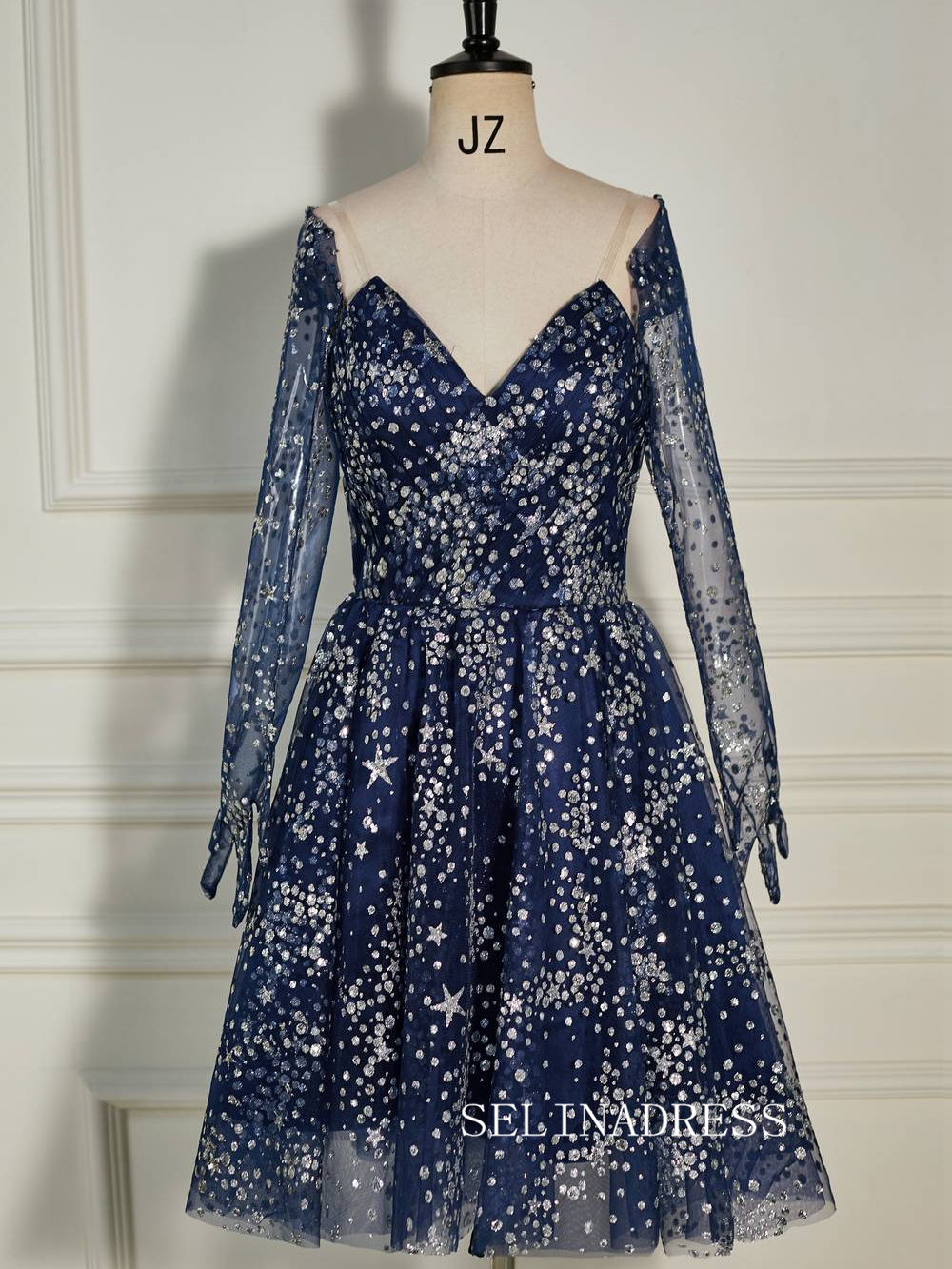 Strapless Navy Blue Sequin Homecoming Dress with Long Gloves SEA008|Selinadress