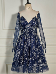 Strapless Navy Blue Sequin Homecoming Dress with Long Gloves SEA008|Selinadress