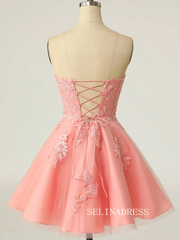 Strapless Pink Lace Appliues A-Line Short Party Dress SEA015|Selinadress