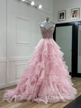 Pink Sweetheart Rhinestone Long Prom Dresses Multi-layered Evening Dresses SEA290|Selinadress