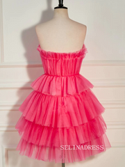 Strapless Ruffles Tiered Tulle Watermelon Homecoming Dress Short Party Dress SEA003
