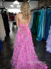 Strapless V neck Hot Pink Floral Long Prom Dress sew0604|Selinadress