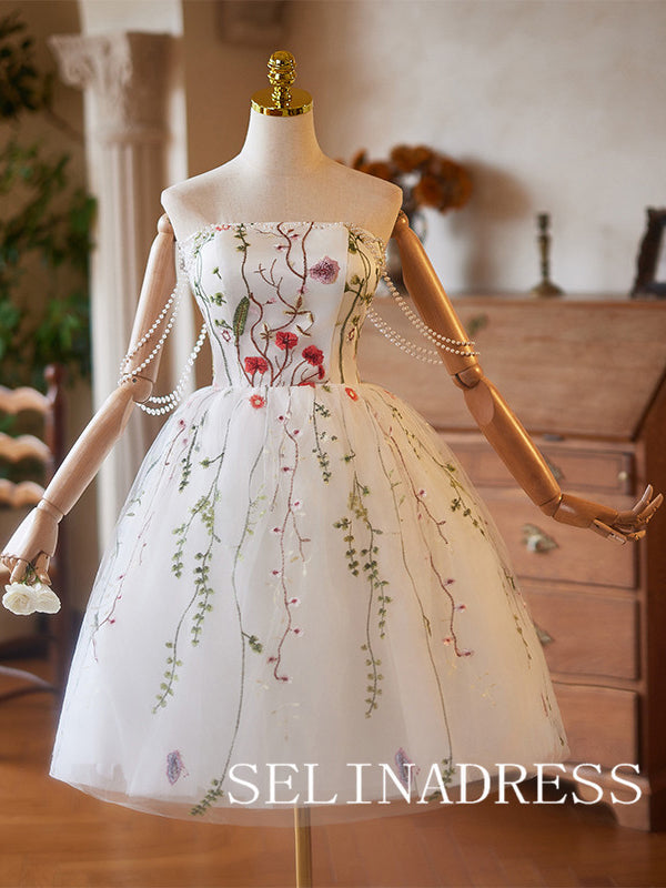 Strapless White Floral Cocktail Dress Pearl Cute Homecoming Dresses #ABC002|Selinadress
