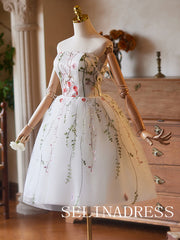 Strapless White Floral Cocktail Dress Pearl Cute Homecoming Dresses #ABC002|Selinadress