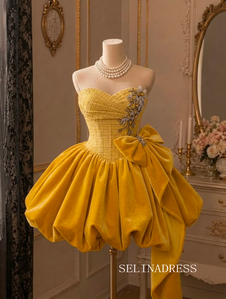 Strapless Yellow Ball Gown with Bouffant Skirt and Floral Embellishment cok083|Selinadress