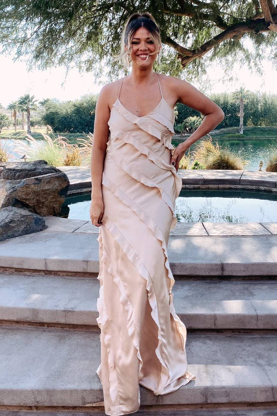 Straps Champagne Ruffle Maxi Bridesmaid Dress SEV012|Selinadress