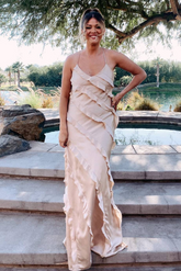 Straps Champagne Ruffle Maxi Bridesmaid Dress SEV012|Selinadress