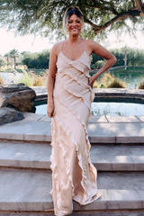 Straps Champagne Ruffle Maxi Bridesmaid Dress SEV012|Selinadress