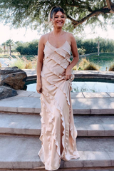 Straps Champagne Ruffle Maxi Bridesmaid Dress SEV012|Selinadress