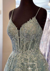 Straps Sparkly Tulle Lace Long Prom Dress with Slit sew1035|Selinadress