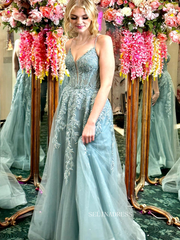 Straps Sparkly Tulle Lace Long Prom Dress with Slit sew1035|Selinadress