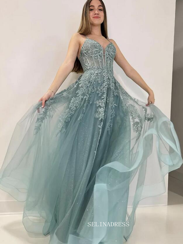 Straps Sparkly Tulle Lace Long Prom Dress with Slit sew1035|Selinadress
