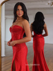 Striking Red Strapless Mermaid Evening Gown with Crystal Embellishments and Thigh-High Slit COK038|Selinadress