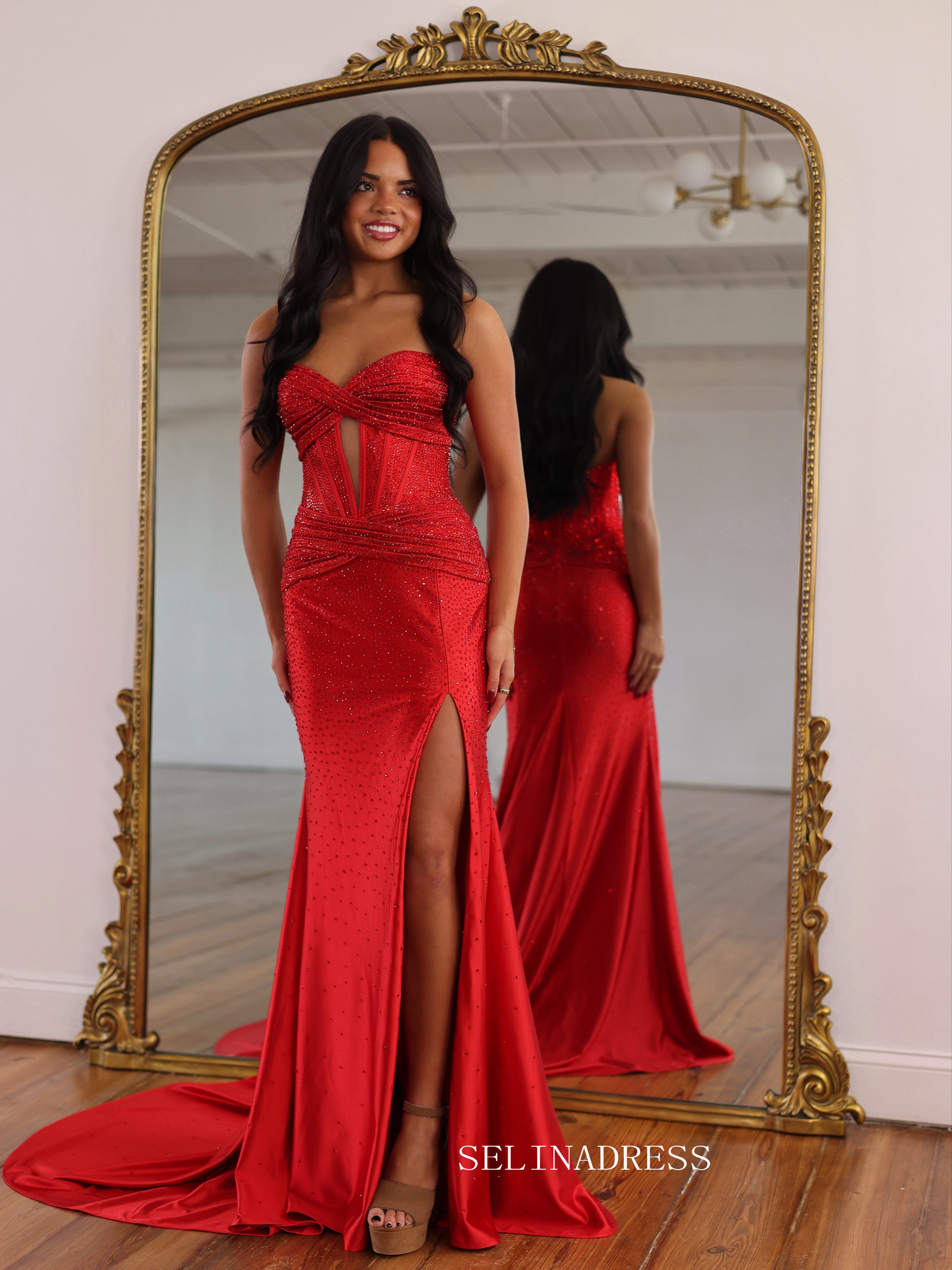 Striking Red Strapless Mermaid Evening Gown with Crystal Embellishments and Thigh-High Slit COK038|Selinadress