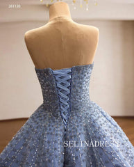 Stunning Blue Beaded Off-Shoulder Ball Gown with Intricate Lace-Up Back 261120|Selinadress