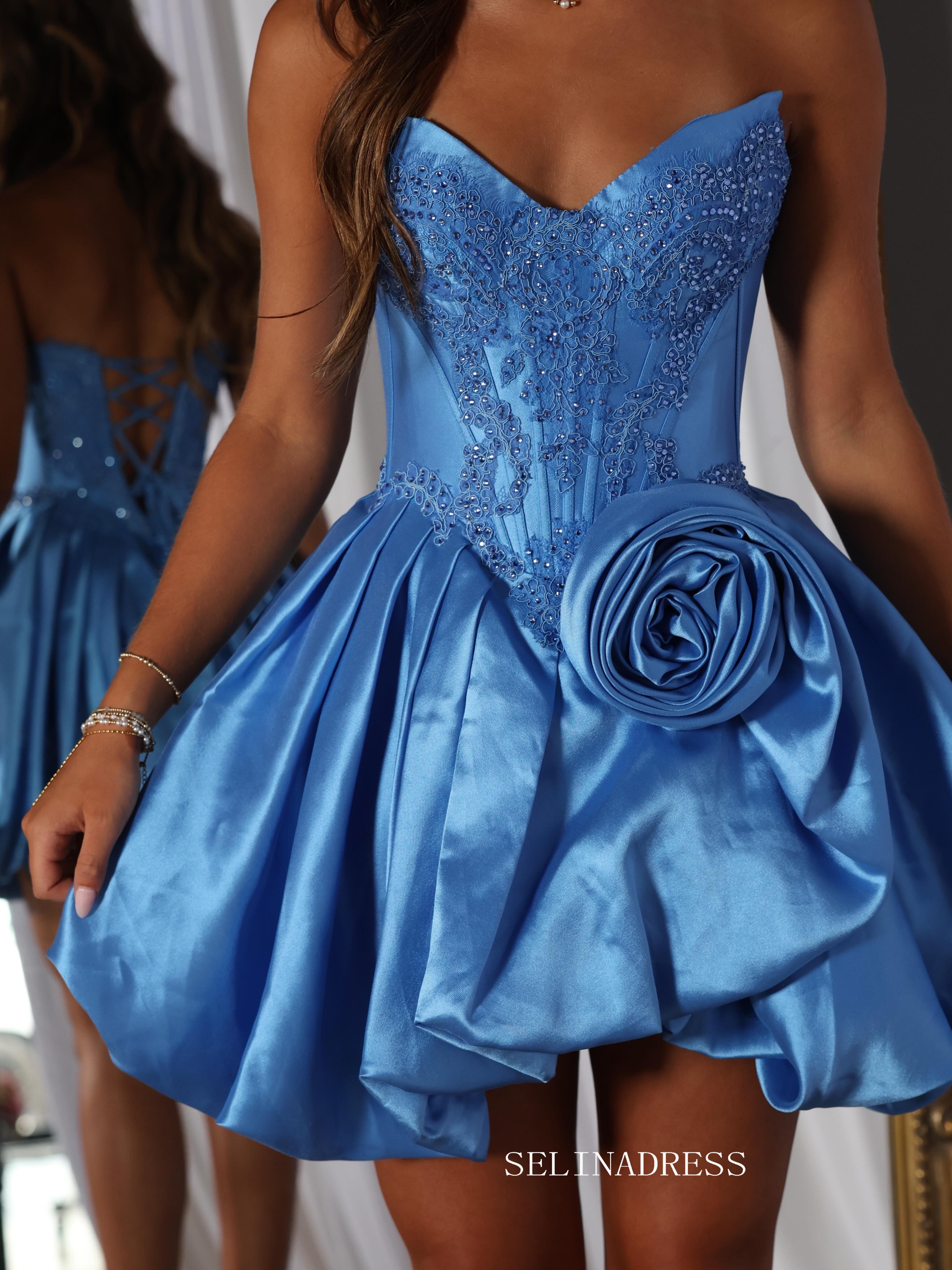 Stunning Blue Strapless Cocktail Dress with Intricate Beaded Bodice and Floral Accent COK049|Selinadress